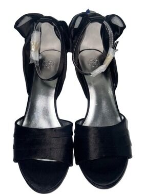 Ann Taylor Black Satin Bow Ankle-Strap Heels Size 6.5